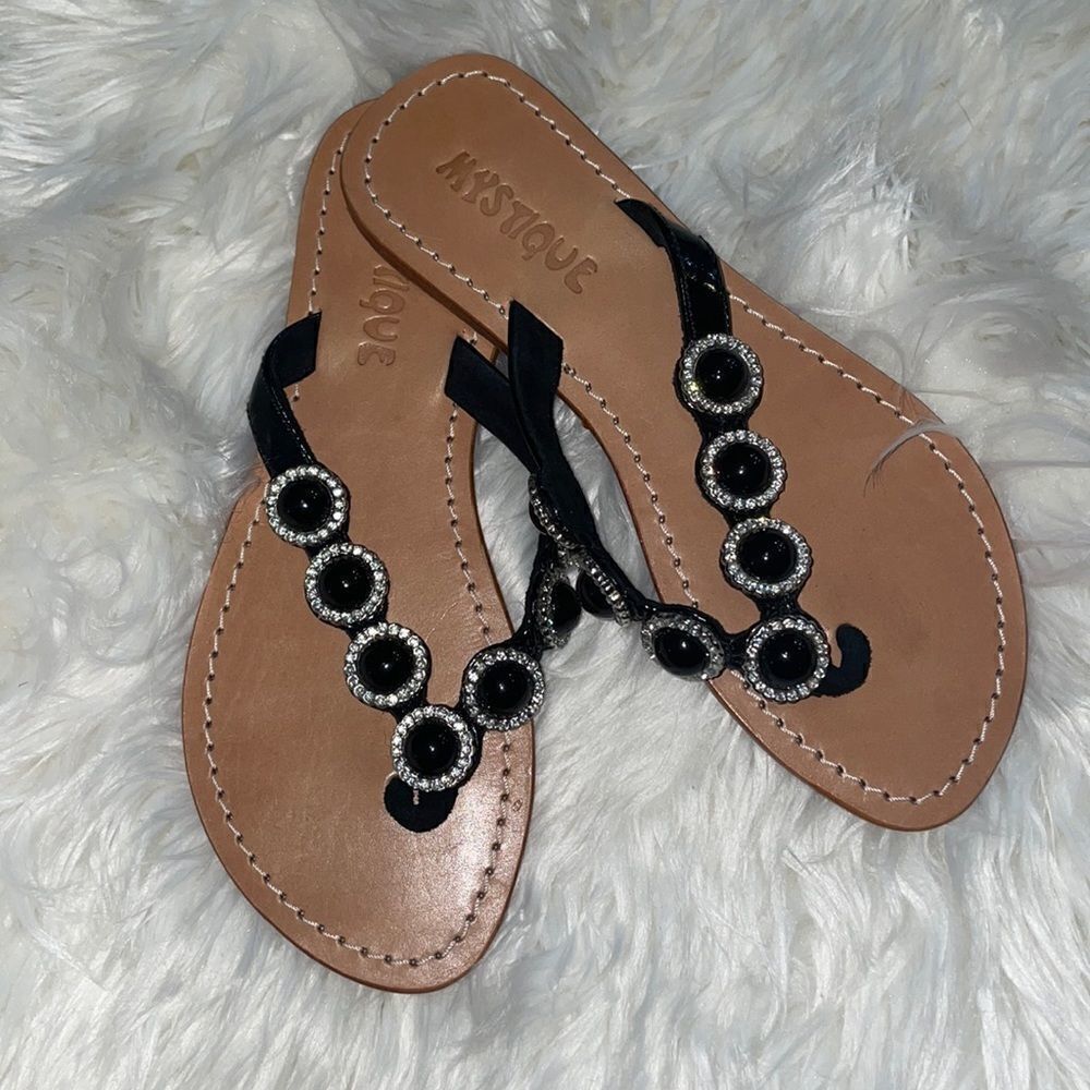 Mystique Boutique Handmade Black patent and Rhinestone Beaded Flip Flop Sandals